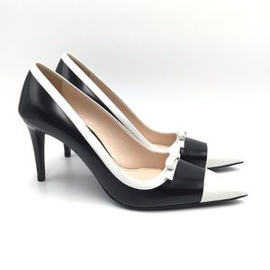 Prada Milano Size 37 Black White Leather Heels Pumps Made In Italy